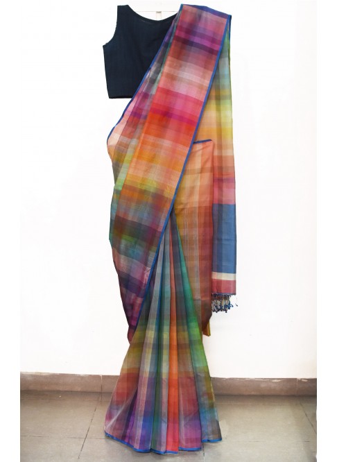 The 6400 colour ,Multicolour,  Rainbow,Handwoven Organic Cotton, Textured Weave , Jacquard, Work Wear, Checked Saree